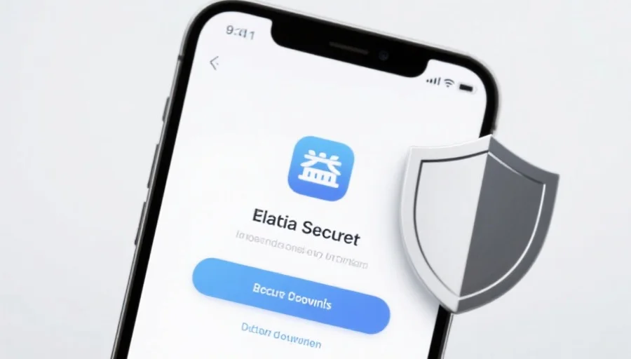 一部现代智能手机屏幕上显示新币2应用的安全下载界面，旁边有安全盾牌图标，背景简洁